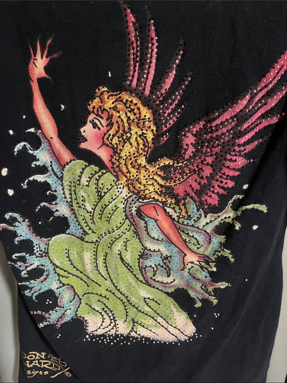 Vintage Ed Hardy Black Long-Sleeve Polo with Fairy Rhinestones - Picture 3 of 5